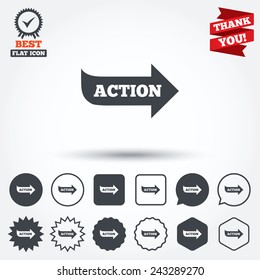 Action sign icon. Motivation button with arrow. Circle, star, speech bubble and square buttons. Award medal with check mark. Thank you ribbon. Vector