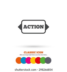 Action sign icon. Motivation button with arrow. Classic flat icon. Colored circles. Vector