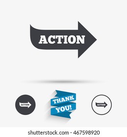 Action sign icon. Motivation button with arrow. Flat icons. Buttons with icons. Thank you ribbon. Vector