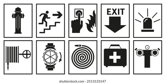 Action signs in case of fire. First aid in case of fire. Fire signs in black. EPS 10.