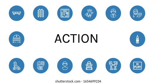 action simple icons set. Contains such icons as Skate board, Cricket stump, Evacuation plan, Superhero, Baseball player, Actor, Slide, Action camera, can be used for web, mobile and logo