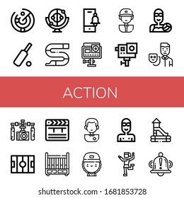 action simple icons set. Contains such icons as Radar, Cricket, Momentum, Slide, Bell, Action camera, Baseball player, Water polo, Actor, can be used for web, mobile and logo