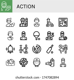 action simple icons set. Contains such icons as Actor, Surfer, Snowboarder, Basketball player, Slide, Evacuation plan, Soccer player, Swimmer, can be used for web, mobile and logo