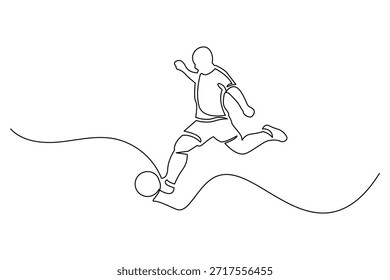 Action single line drawing of a soccer player character kicking the ball