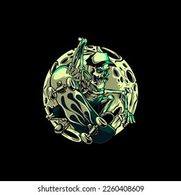action of a skull in a hat and mustache playing skateboard