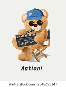 slogan de ação com diretor de boneca urso segurando filme slate vetor ilustração