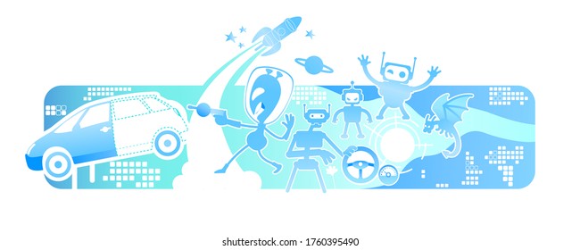 Action space video game 2D vector web banner, poster. Aliens and robots in simulation. Arcade videogame flat characters on cartoon background. Simulator for entertainment. Cyberspace colorful scene