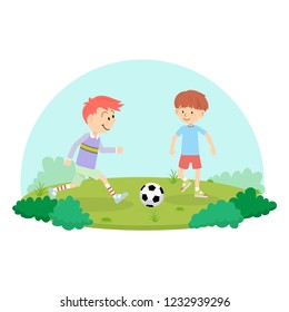 An Action Sport Vector Of A Group Of Kids Playing Soccer Football For Exercise In School Playground.