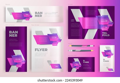 Action Squares style Set flyer cover, tri-fold, banner, roll up banner, business card red color