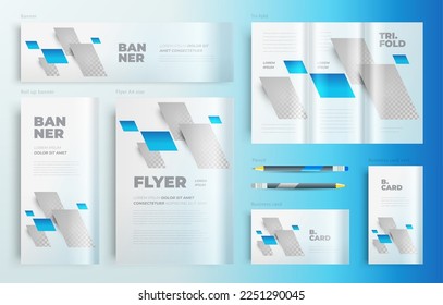 Action Squares style Set flyer cover, tri-fold, banner, roll up banner, business card blue color