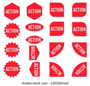 Action sticker set. Red promotion labels. Modern vector flat style illustration isolated on white background. Red promotion labels for new arrivals shop section.