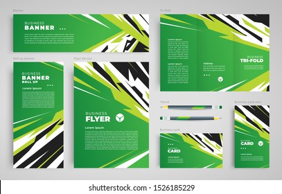 Action Stripes Abstract green color Set flyer cover, tri-fold, banner, roll up banner, business card