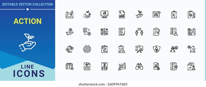 Action vector icon set. Containing strategy, task, collaboration, collaboration, resources and more. Action Plan line icon set. Sign and Symbol. Editable stroke. Vector collection.