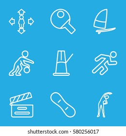 action vector icons. Set of 9 action outline icons such as exercising, man move, movie clapper, running, pendulum, snow board, windsurfing, basketball player