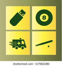 action vector icons set. with billiard ball, baseball, ambulance car and flash driver in set