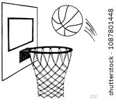 Action vector illustration of basketball going into a hoop. Backboard, hoop, ring, net, kit. Hand drawn sketch. Black on white background