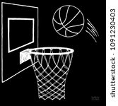 Action vector illustration of basketball going into a hoop. Backboard, hoop, ring, net, kit. Hand drawn sketch. White on black background