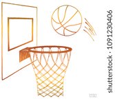 Action vector illustration of basketball going into a hoop. Backboard, hoop, ring, net, kit. Hand drawn sketch. Gradient color on white background