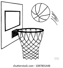 Action vector illustration of basketball going into a hoop. Backboard, hoop, ring, net, kit. Hand drawn sketch. Black on white background