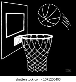 Action vector illustration of basketball going into a hoop. Backboard, hoop, ring, net, kit. Hand drawn sketch. White on black background