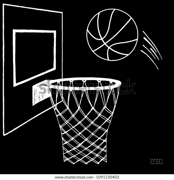 バスケットボールが輪に入る動作のベクターイラスト 背板 フープ リング ネット キット 手描きのスケッチ 黒い背景に白い のベクター画像素材 ロイヤリティフリー