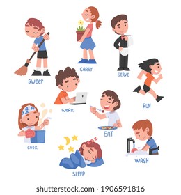 Action Verbs Set, Children Education Concept, Cute Kids Doing Activities Cartoon Style Vector Illustration