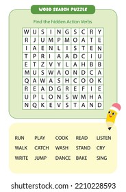 Action Verbs Word Search Puzzle for Kids for fun learning with answers