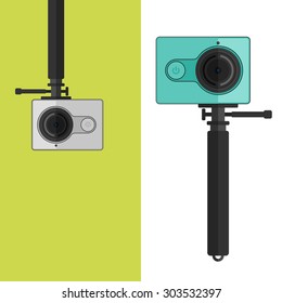 Action video camera on monopod. Vector flat style illustration