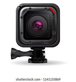 Action video camera in waterproof box. Gear for filming extreme sports. Realistic vector image isolated on white background 