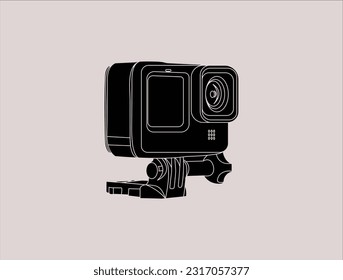 Cámara de video de acción en caja impermeable. Engranaje para filmar deportes extremos. Imagen vectorial realista aislada en fondo blanco.