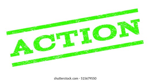 Action watermark stamp. Text tag between parallel lines with grunge design style. Rubber seal stamp with dirty texture. Vector light green color ink imprint on a white background.