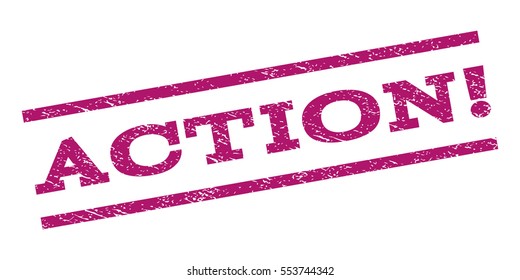 Action! watermark stamp. Text tag between parallel lines with grunge design style. Rubber seal stamp with dust texture. Vector purple color ink imprint on a white background.