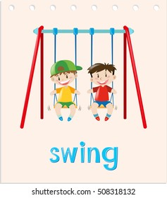 Action word card with two boys on swing illustration