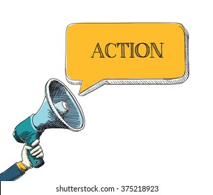 ACTION word in speech bubble with sketch drawing style