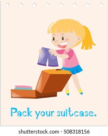 Action Wordcard With Girl Packing Bag Illustration