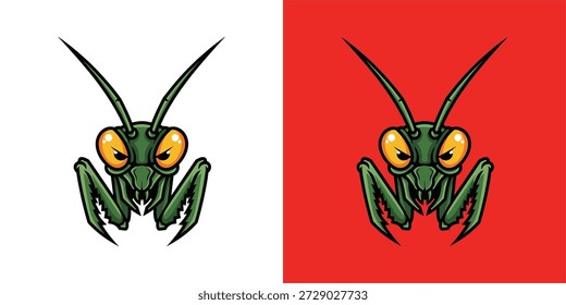 Ilustración llena de acción de una mantis de oración de dibujos animados en esquema de color dual, Diseño gráfico, contraste audaz, estilo único