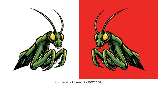 Action-verpackte Illustration eines Cartoons betende Mantis in Dual-Color-Schema, Grafikdesign, kühner Kontrast, einzigartiger Stil