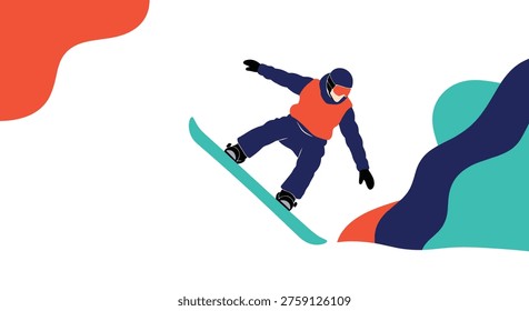 Action-packed illustration of a snowboarder performing a trick in mid-air with colorful abstract shapes in red, blue, and teal.
