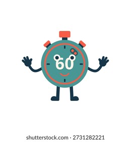 Action-Packed Stopwatch Character, Playful Design, Graphic Illustration, Whimsical Environment, Fun Concept