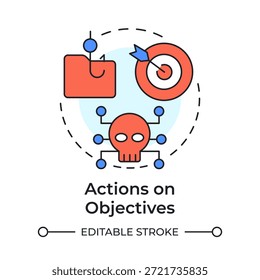 Ícone de conceito de várias cores de ações em objetivos. Hack ransomware, vulnerabilidade do sistema. Criptografia de dados. Ilustração de linha de forma redonda. Ideia abstrata. Design gráfico. Fácil de usar no folheto, livreto