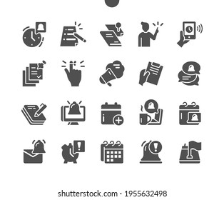 Actions and reminders. Notes and calendar. Alarm clock. Alert, notification, organizer, date, remember, time and schedule. Dont forget. Vector Solid Icons. Simple Pictogram