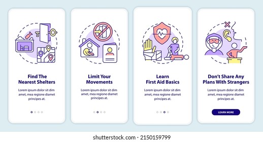 Actions to stay safe during war onboarding mobile app screen. Survive walkthrough 4 steps graphic instructions pages with linear concepts. UI, UX, GUI template. Myriad Pro-Bold, Regular fonts used