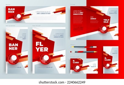 Actions theme identity red color cover Set flyer cover, tri-fold, banner, roll up banner, business card