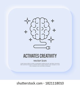 Activate creativity: human brain with plug. Thin line icon. Education, intelligence, innovation, brainstorm. Vector illustration.