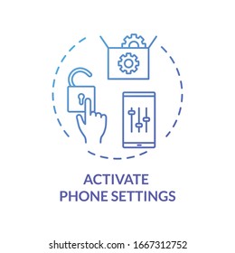 Activate phone settings blue concept icon. Unlock screen. Customize mobile menu. Smartphone interface control. Roaming idea thin line illustration. Vector isolated outline RGB color drawing