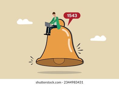 Activate subscription bell to get reminder of new social media new content, business man behind laptop is viewing his new content