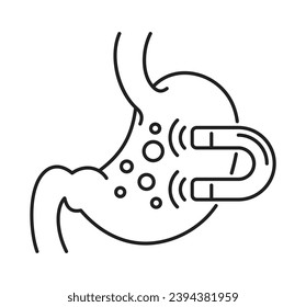 Activated charcoal icon in thin line - adsorbing of poison and used to treat diarrhea, indigestion, and flatulence. Stomach silhouette with magnet inside
