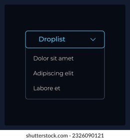 Activated dropdown list UI element template. Editable isolated vector dashboard component. Flat user interface. Visual data presentation. Web design widget for mobile application with dark theme