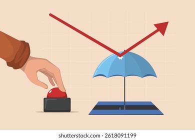 Activating Market Protection a hand pressing a button to deploy an umbrella, symbolizing proactive financial defense against market fluctuations.