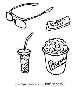 Active 3D glasses cinema ticket popcorn drink with straw cocktail
